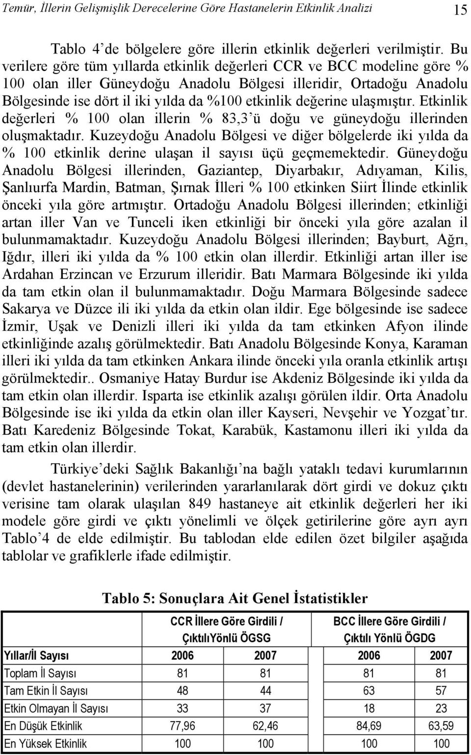 değerine ulaşmıştır. Etkinlik değerleri % 100 olan illerin % 83,3 ü doğu ve güneydoğu illerinden oluşmaktadır.