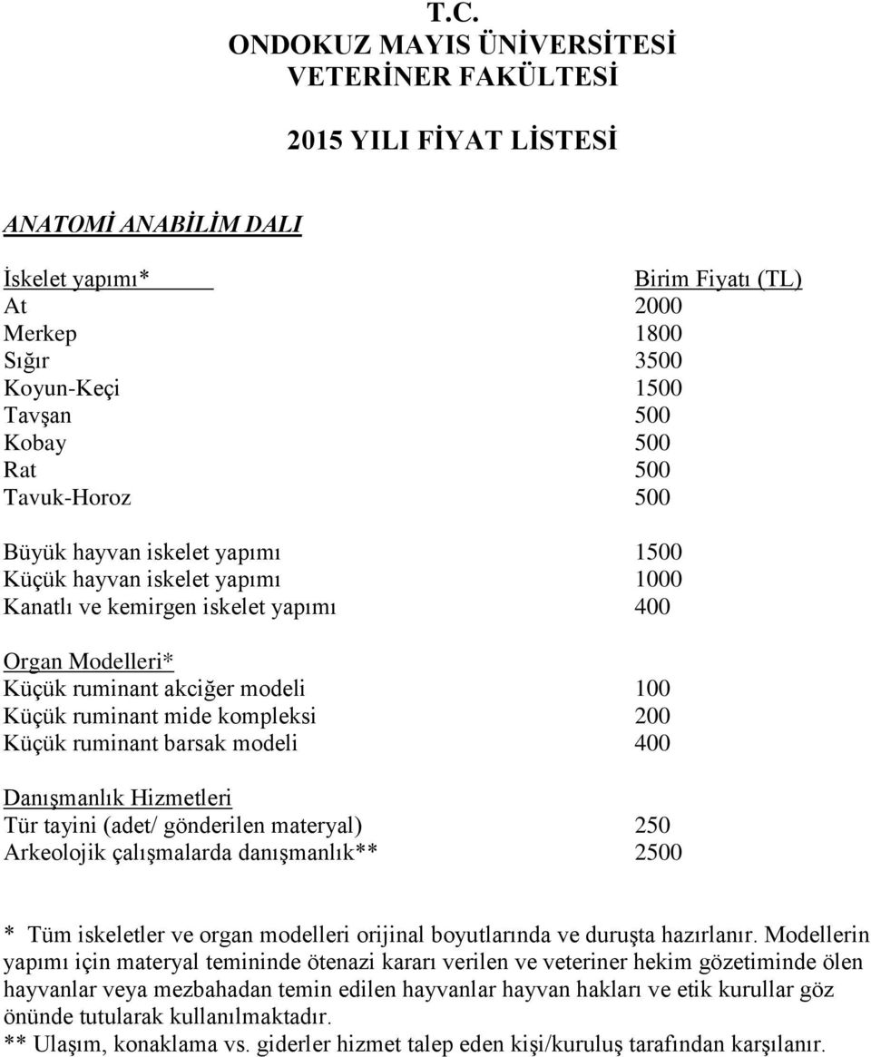 kompleksi 200 Küçük ruminant barsak modeli 400 Danışmanlık Hizmetleri Tür tayini (adet/ gönderilen materyal) 250 Arkeolojik çalışmalarda danışmanlık** 2500 * Tüm iskeletler ve organ modelleri