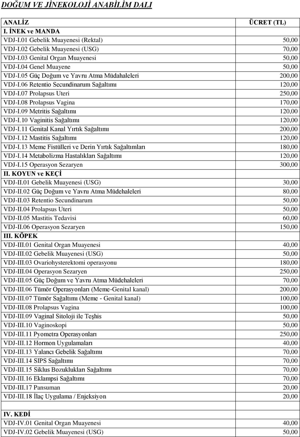 09 Metritis Sağaltımı 120,00 VDJ-I.10 Vaginitis Sağaltımı 120,00 VDJ-I.11 Genital Kanal Yırtık Sağaltımı 200,00 VDJ-I.12 Mastitis Sağaltımı 120,00 VDJ-I.