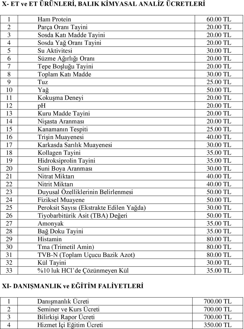 00 TL 14 Nişasta Aranması 20.00 TL 15 Kanamanın Tespiti 25.00 TL 16 Trişin Muayenesi 40.00 TL 17 Karkasda Sarılık Muayenesi 30.00 TL 18 Kollagen Tayini 35.00 TL 19 Hidroksiprolin Tayini 35.