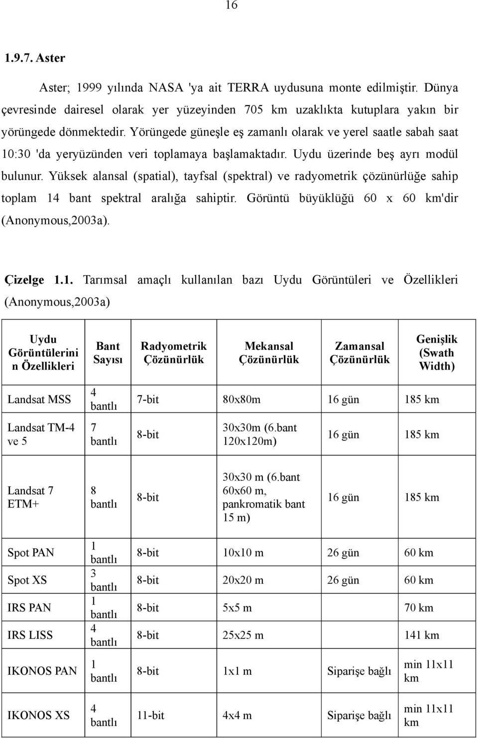 Yüksek alansal (spatial), tayfsal (spektral) ve radyometrik çözünürlüğe sahip toplam 14