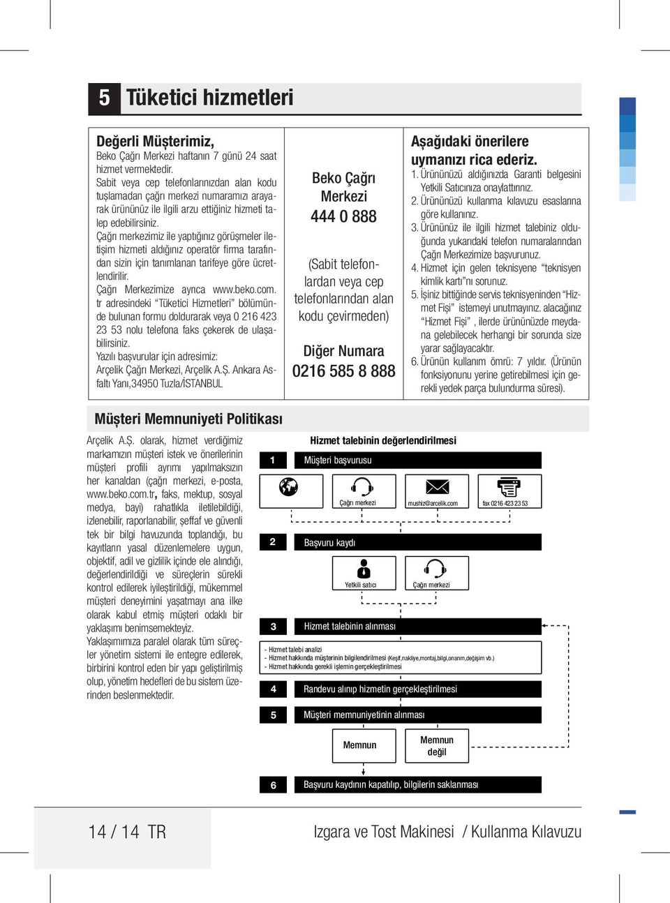 Çağrı merkezimiz ile yaptığınız görüşmeler iletişim hizmeti aldığınız operatör firma tarafından sizin için tanımlanan tarifeye göre ücretlendirilir. Çağrı Merkezimize ayrıca www.beko.com.