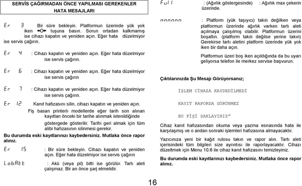 Er 4 : Cihazı kapatın ve yeniden açın. Eğer hata düzelmiyor ise servis çağırın.