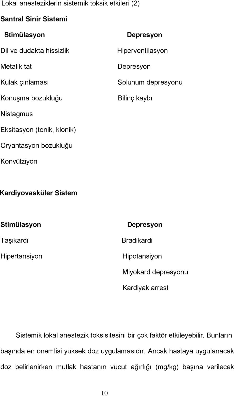 Stimülasyon Taşikardi Hipertansiyon Depresyon Bradikardi Hipotansiyon Miyokard depresyonu Kardiyak arrest Sistemik lokal anestezik toksisitesini bir çok faktör