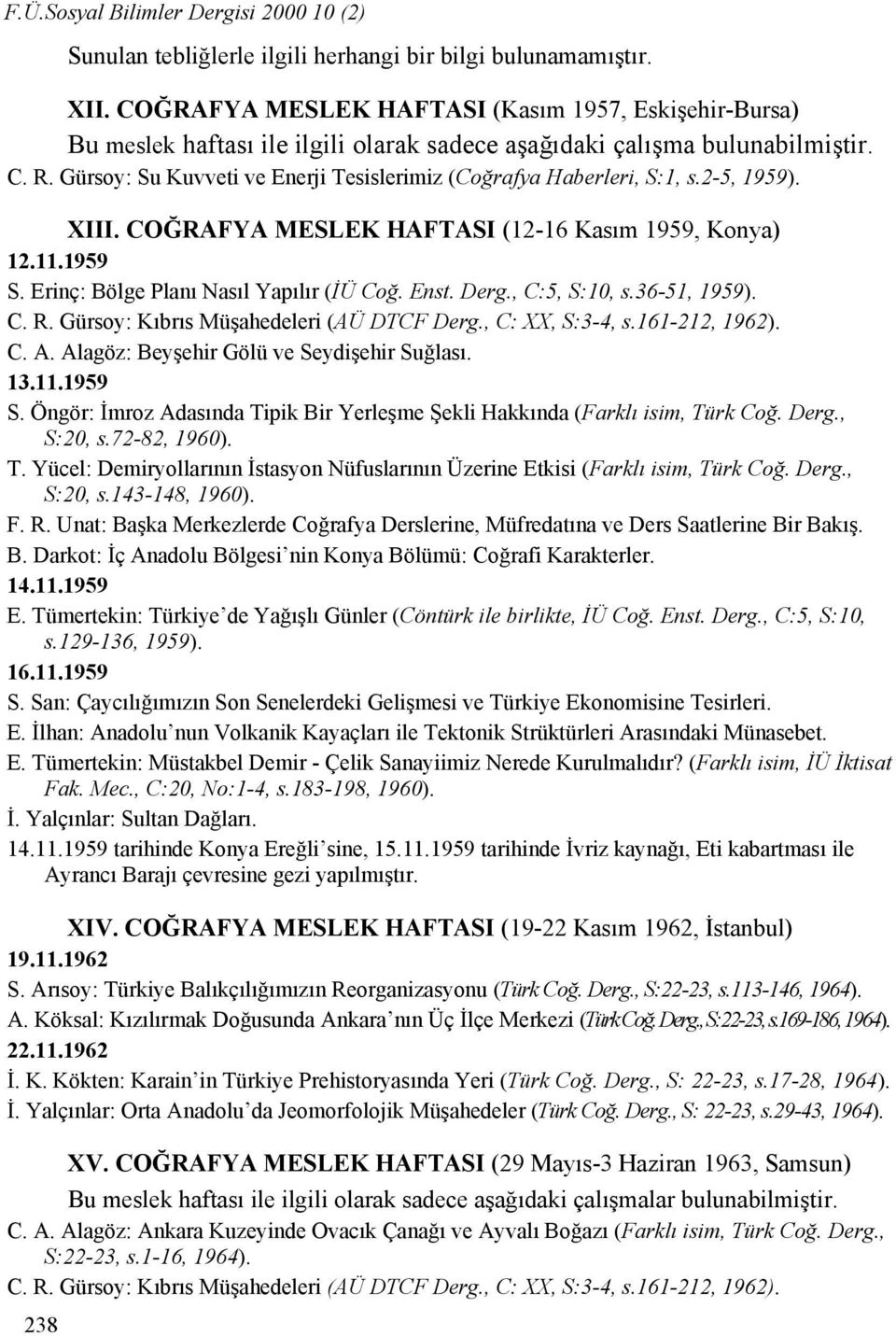 Gürsoy: Su Kuvveti ve Enerji Tesislerimiz (Coğrafya Haberleri, S:1, s.2-5, 1959). XIII. COĞRAFYA MESLEK HAFTASI (12-16 Kasım 1959, Konya) 12.11.1959 S. Erinç: Bölge Planı Nasıl Yapılır (İÜ Coğ. Enst.