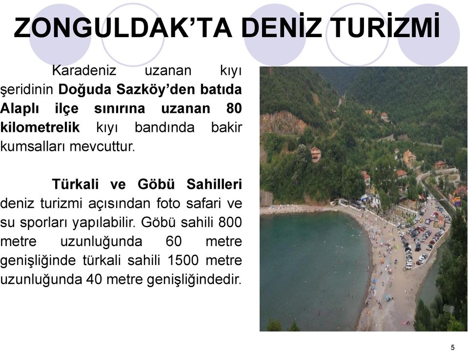 Türkali ve Göbü Sahilleri deniz turizmi açısından foto safari ve su sporları yapılabilir.