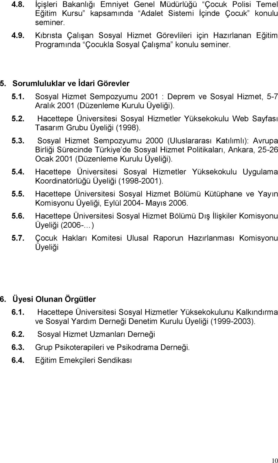 Sosyal Hizmet Sempozyumu 2001 : Deprem ve Sosyal Hizmet, 5-7 Aralık 2001 (Düzenleme Kurulu Üyeliği). 5.2. Hacettepe Üniversitesi Sosyal Hizmetler Yüksekokulu Web Sayfası Tasarım Grubu Üyeliği (1998).