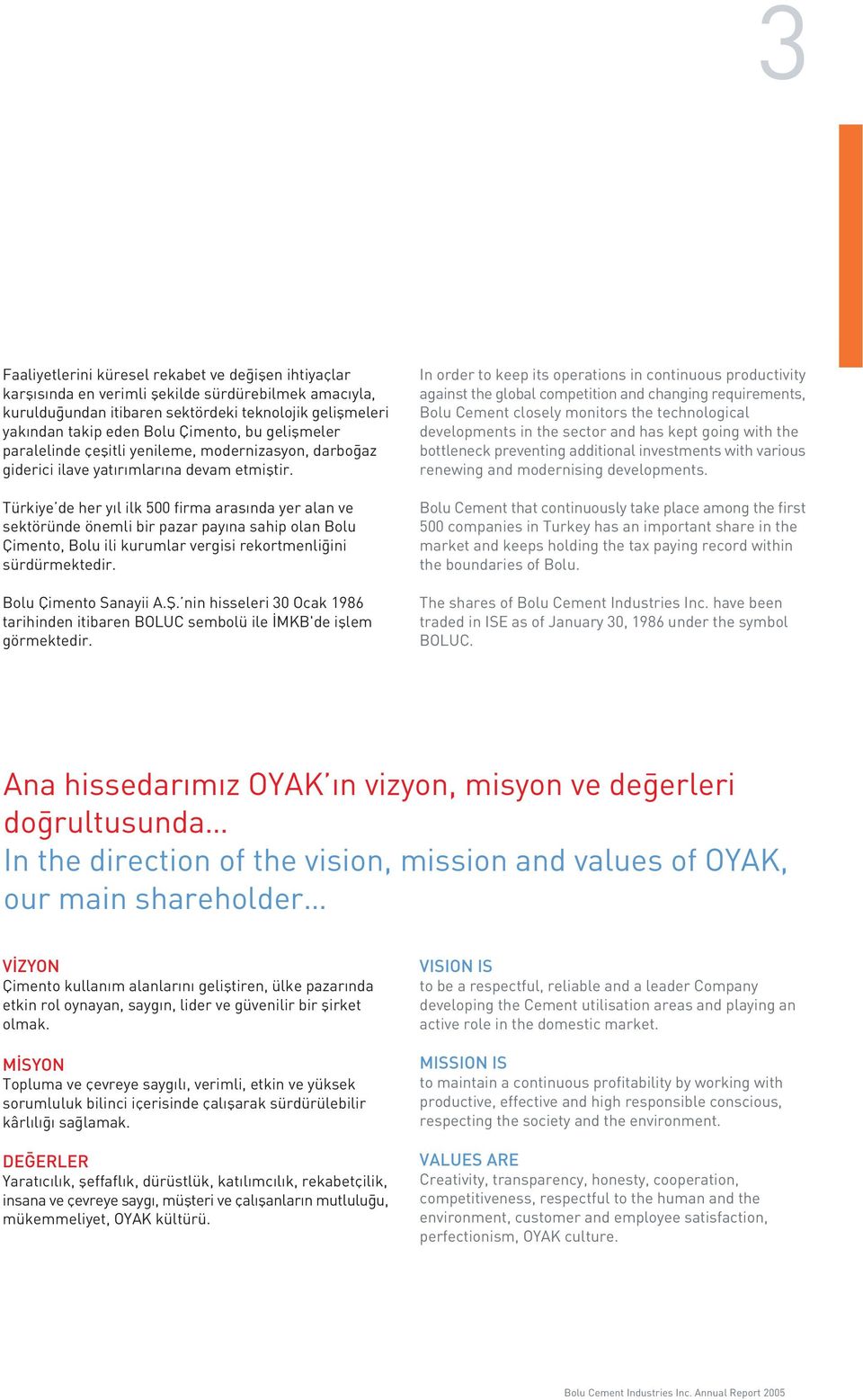 Türkiye de her y l ilk 500 firma aras nda yer alan ve sektöründe önemli bir pazar pay na sahip olan Bolu Çimento, Bolu ili kurumlar vergisi rekortmenli ini sürdürmektedir. Bolu Çimento Sanayii A.fi. nin hisseleri 30 Ocak 1986 tarihinden itibaren BOLUC sembolü ile MKB'de ifllem görmektedir.