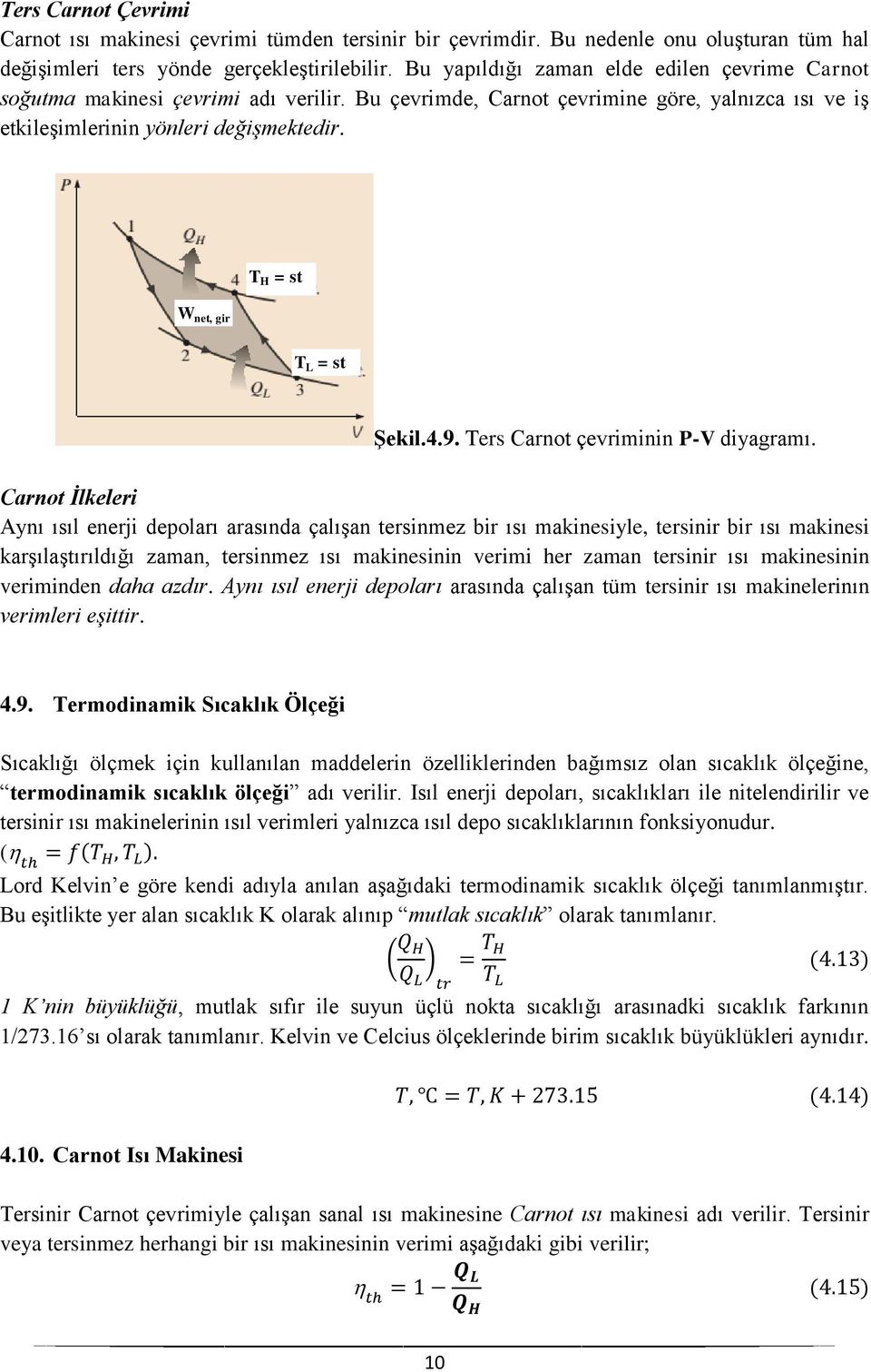 T H = st W net, gir T L = st Şekil.4.9. Ters Carnot çevriminin P-V diyagramı.