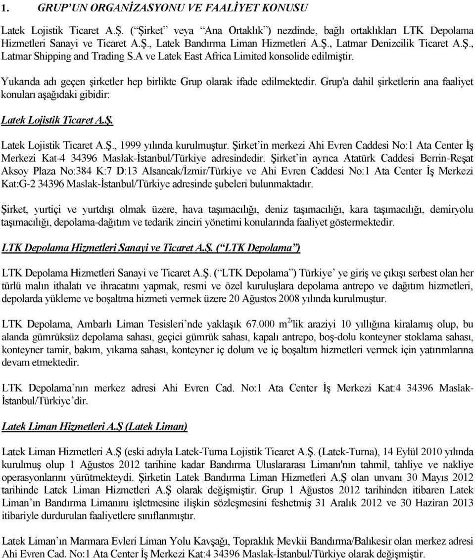 Grup'a dahil şirketlerin ana faaliyet konuları aşağıdaki gibidir: Latek Lojistik Ticaret A.Ş. Latek Lojistik Ticaret A.Ş., 1999 yılında kurulmuştur.