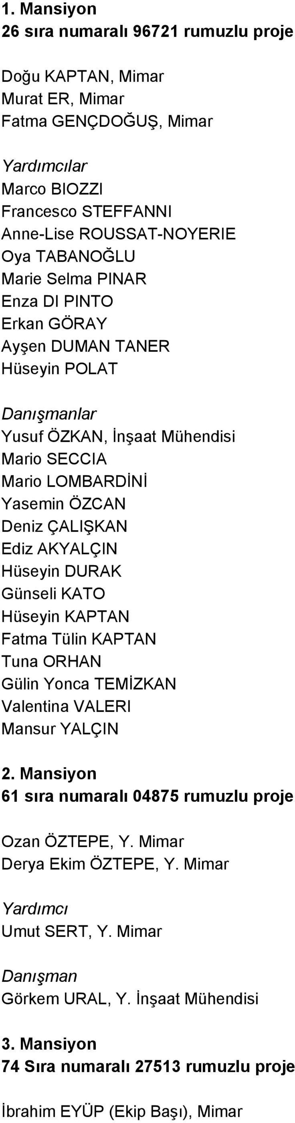 Ediz AKYALÇIN Hüseyin DURAK Günseli KATO Hüseyin KAPTAN Fatma Tülin KAPTAN Tuna ORHAN Gülin Yonca TEMİZKAN Valentina VALERI Mansur YALÇIN 2.