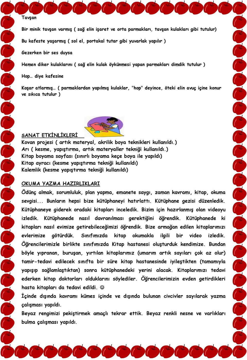 tutulur ) SANAT ETKİNLİKLERİ Kovan projesi ( artık materyal, akrilik boya teknikleri kullanıldı.) Arı ( kesme, yapıştırma, artık materyaller tekniği kullanıldı.