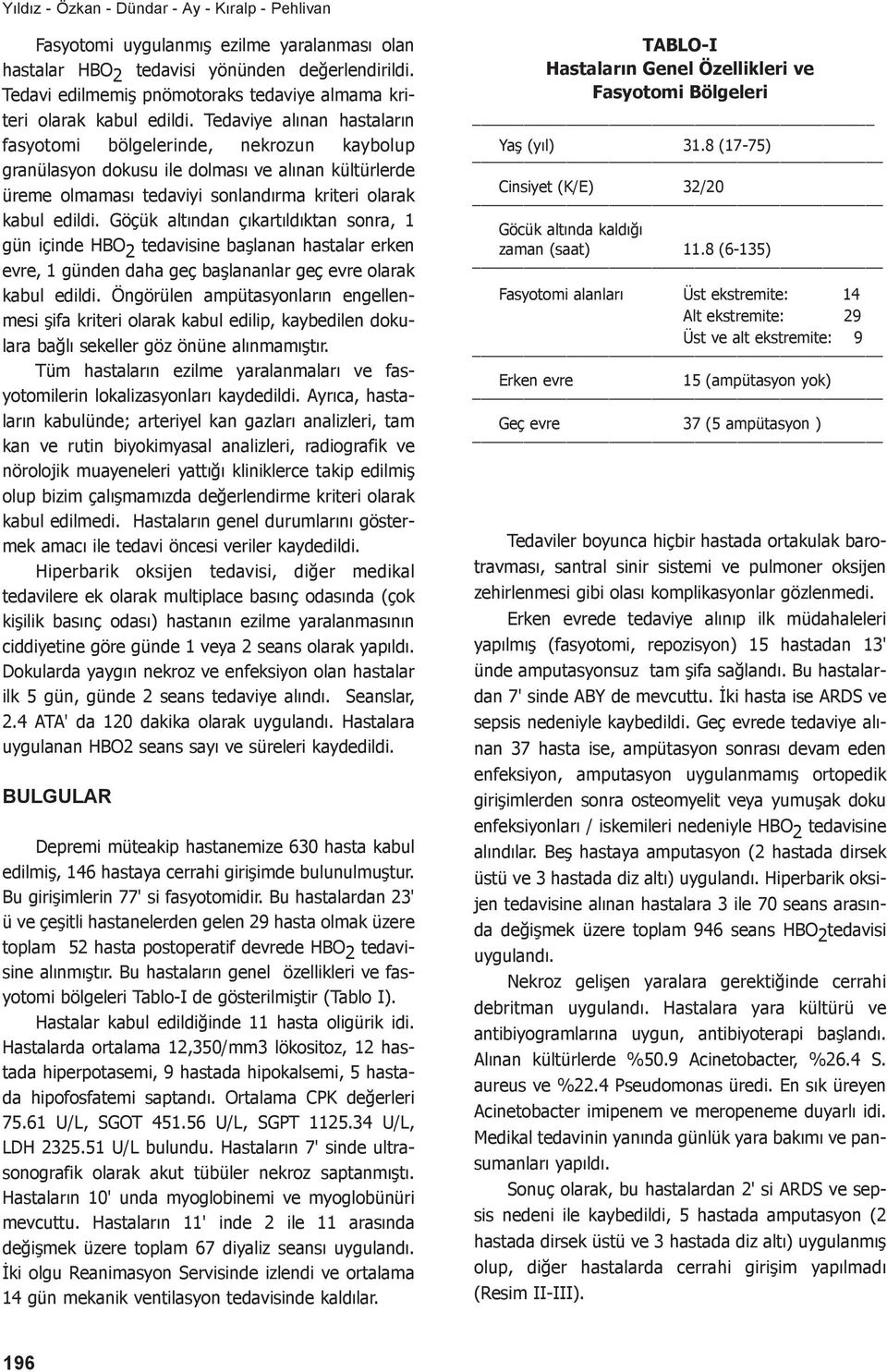 Tedaviye alınan hastaların fasyotomi bölgelerinde, nekrozun kaybolup granülasyon dokusu ile dolması ve alınan kültürlerde üreme olmaması tedaviyi sonlandırma kriteri olarak kabul edildi.