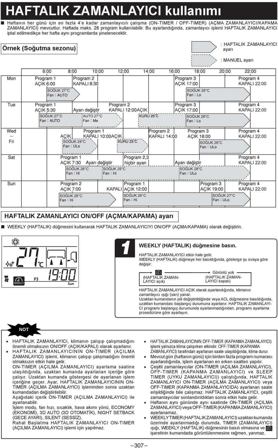 Örnek (Soğutma sezonu) : HAFTALIK ZAMANLAYICI ayarı : MANUEL ayarı AÇIK SOĞUK 7 C KAPALI AÇIK KAPALI :00 SOĞUK 8 C AÇIK SOĞUK 7 C AUTO 7 C KAPALI AÇIK AÇIK SOĞUK 8 C KAPALI :00 AÇIK KAPALI SOĞUK 8 C