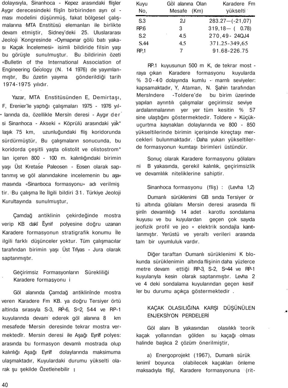 Bu bildirinin özeti «Bulletin of the International Association of Engineering Geology (N. 14 1976) de yayımlanmıştır, Bu özetin yayıma gönderildiği tarih 1974-1975 yılıdır.