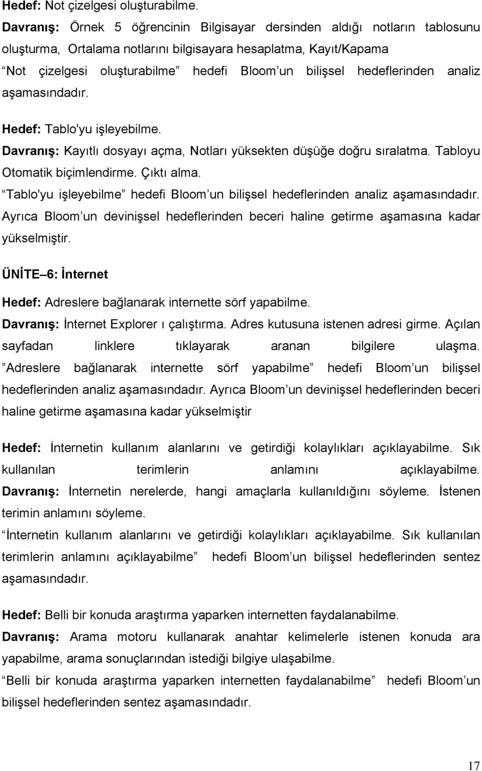 hedeflerinden analiz aşamasındadır. Hedef: Tablo'yu işleyebilme. Davranış: Kayıtlı dosyayı açma, Notları yüksekten düşüğe doğru sıralatma. Tabloyu Otomatik biçimlendirme. Çıktı alma.