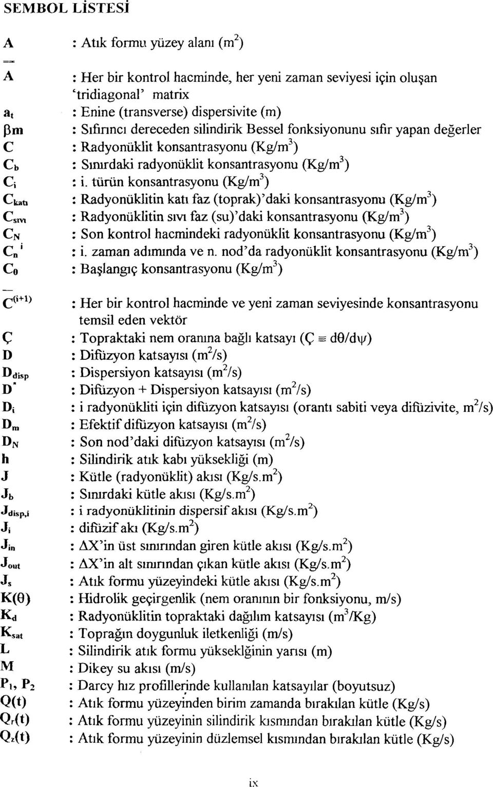 türün konsantrasyonu (Kg/m 3 ) Cuaü : Radyonüklitin katı faz (toprak)'daki konsantrasyonu (Kg/m 3 ) C sm : Radyonüklitin sıvı faz (su)'daki konsantrasyonu (Kg/m 3 ) CN : Son kontrol hacmindeki