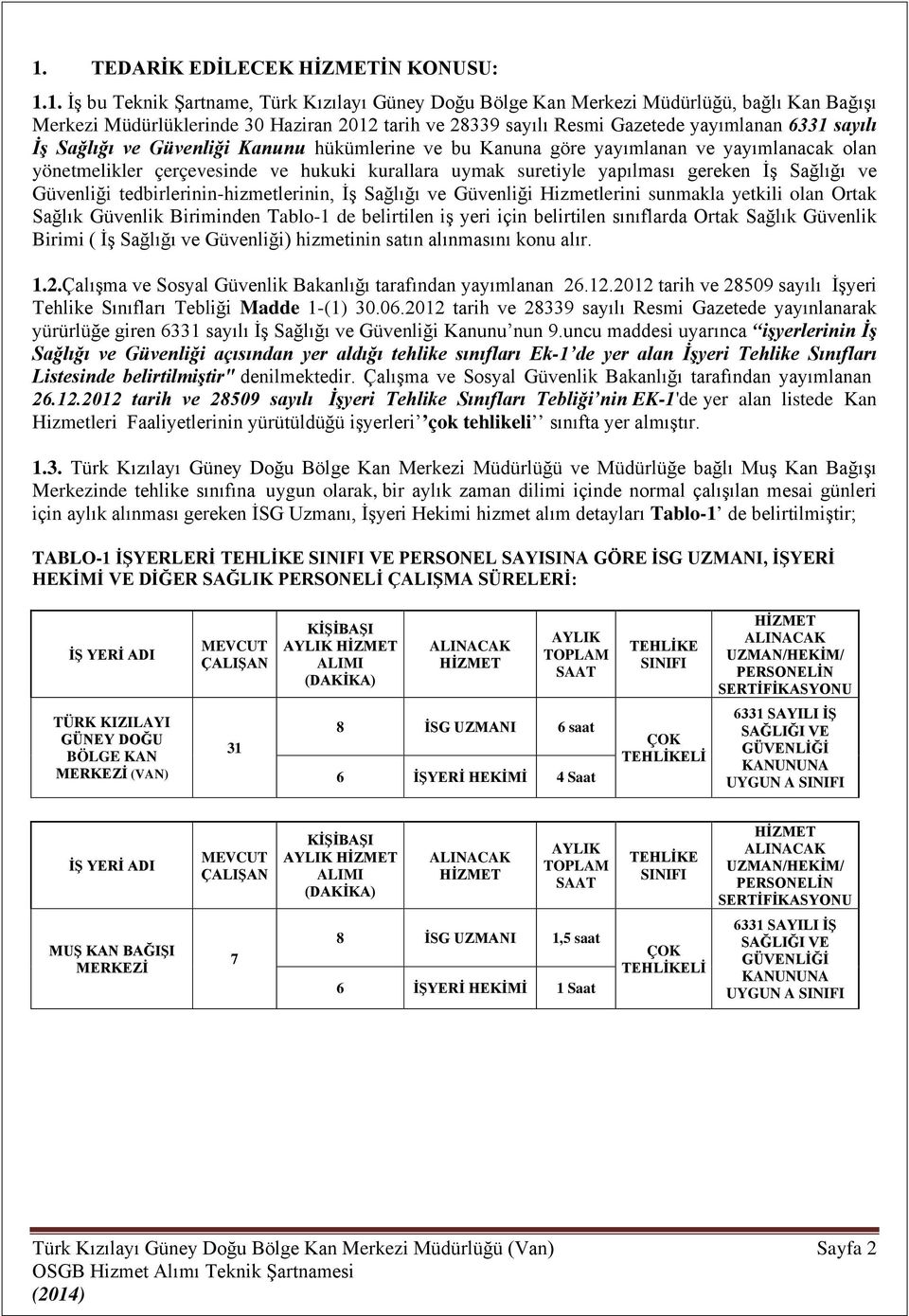 yapılması gereken İş Sağlığı ve Güvenliği tedbirlerinin-hizmetlerinin, İş Sağlığı ve Güvenliği Hizmetlerini sunmakla yetkili olan Ortak Sağlık Güvenlik Biriminden Tablo-1 de belirtilen iş yeri için