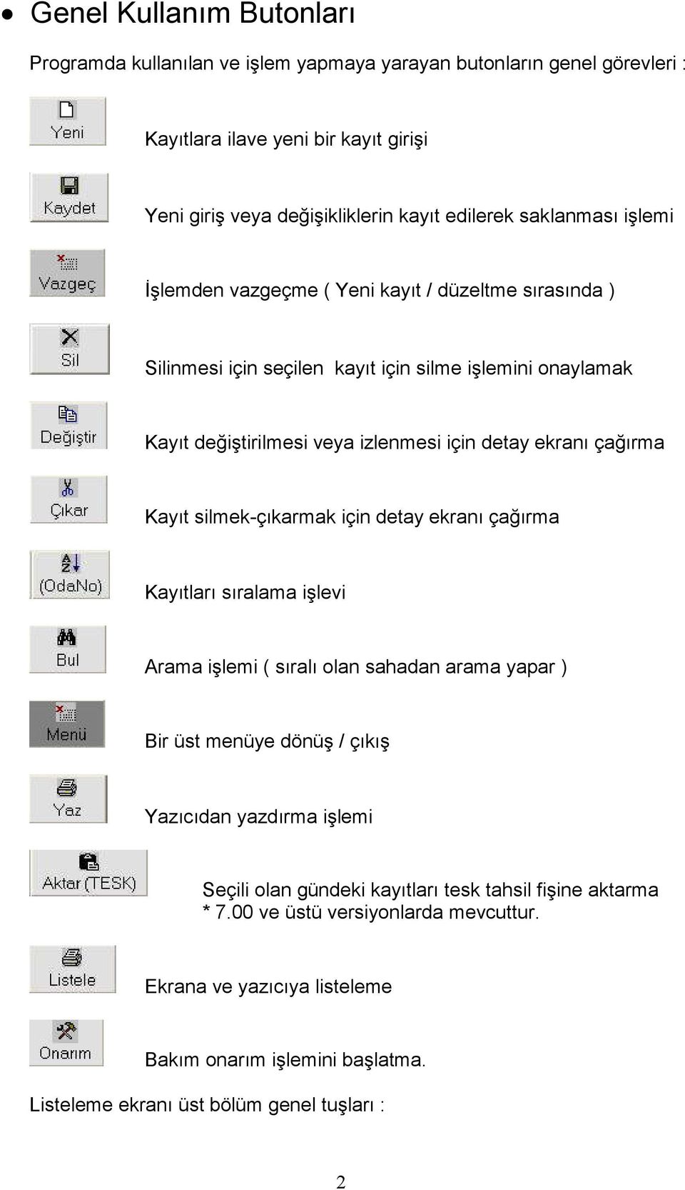 çağırma Kayıt silmek-çıkarmak için detay ekranı çağırma Kayıtları sıralama işlevi Arama işlemi ( sıralı olan sahadan arama yapar ) Bir üst menüye dönüş / çıkış Yazıcıdan yazdırma işlemi