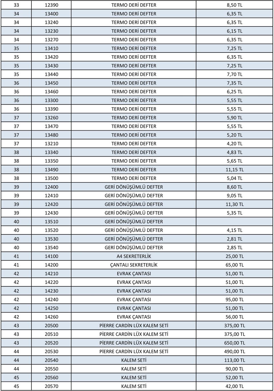 TERMO DERİ DEFTER 5,55 TL 36 13390 TERMO DERİ DEFTER 5,55 TL 37 13260 TERMO DERİ DEFTER 5,90 TL 37 13470 TERMO DERİ DEFTER 5,55 TL 37 13480 TERMO DERİ DEFTER 5,20 TL 37 13210 TERMO DERİ DEFTER 4,20