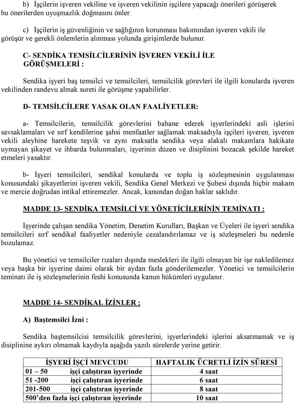 C- SENDİKA TEMSİLCİLERİNİN İŞVEREN VEKİLİ İLE GÖRÜŞMELERİ : Sendika işyeri baş temsilci ve temsilcileri, temsilcilik görevleri ile ilgili konularda işveren vekilinden randevu almak sureti ile görüşme