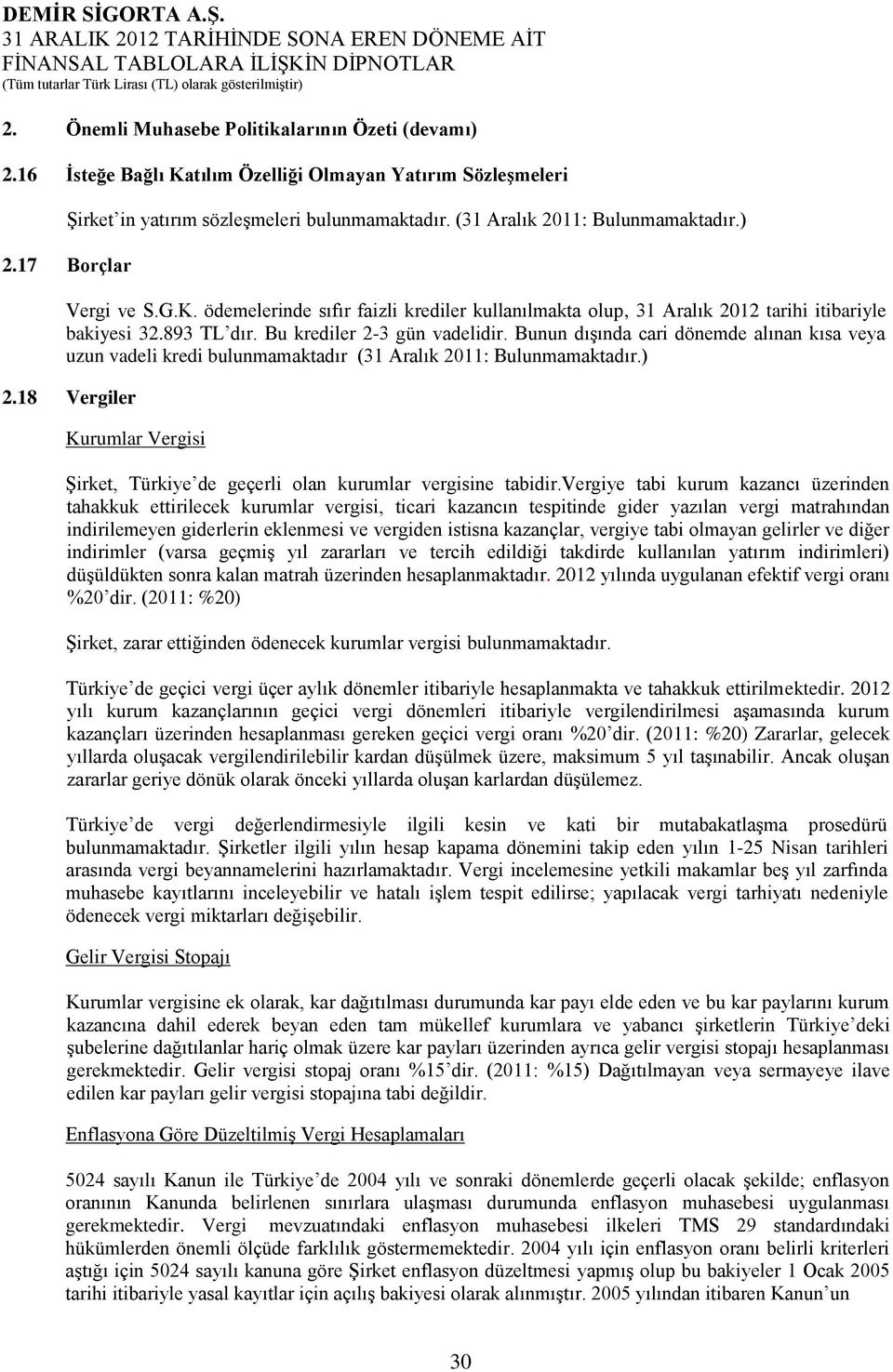 Bunun dışında cari dönemde alınan kısa veya uzun vadeli kredi bulunmamaktadır (31 Aralık 2011: Bulunmamaktadır.) 2.