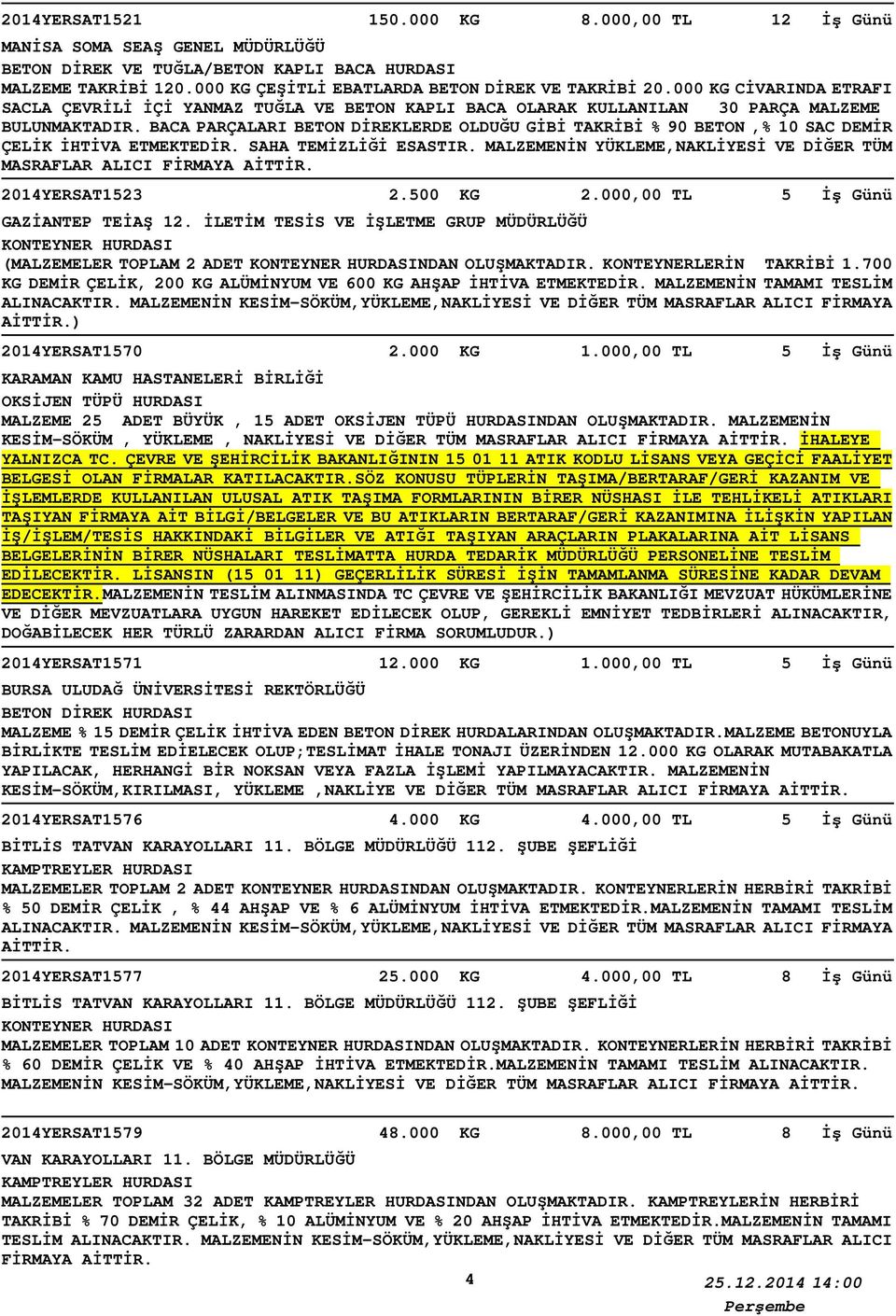 BACA PARÇALARI BETON DİREKLERDE OLDUĞU GİBİ TAKRİBİ % 90 BETON,% 10 SAC DEMİR ÇELİK İHTİVA ETMEKTEDİR. SAHA TEMİZLİĞİ ESASTIR. MALZEMENİN YÜKLEME,NAKLİYESİ VE DİĞER TÜM 2014YERSAT1523 2.