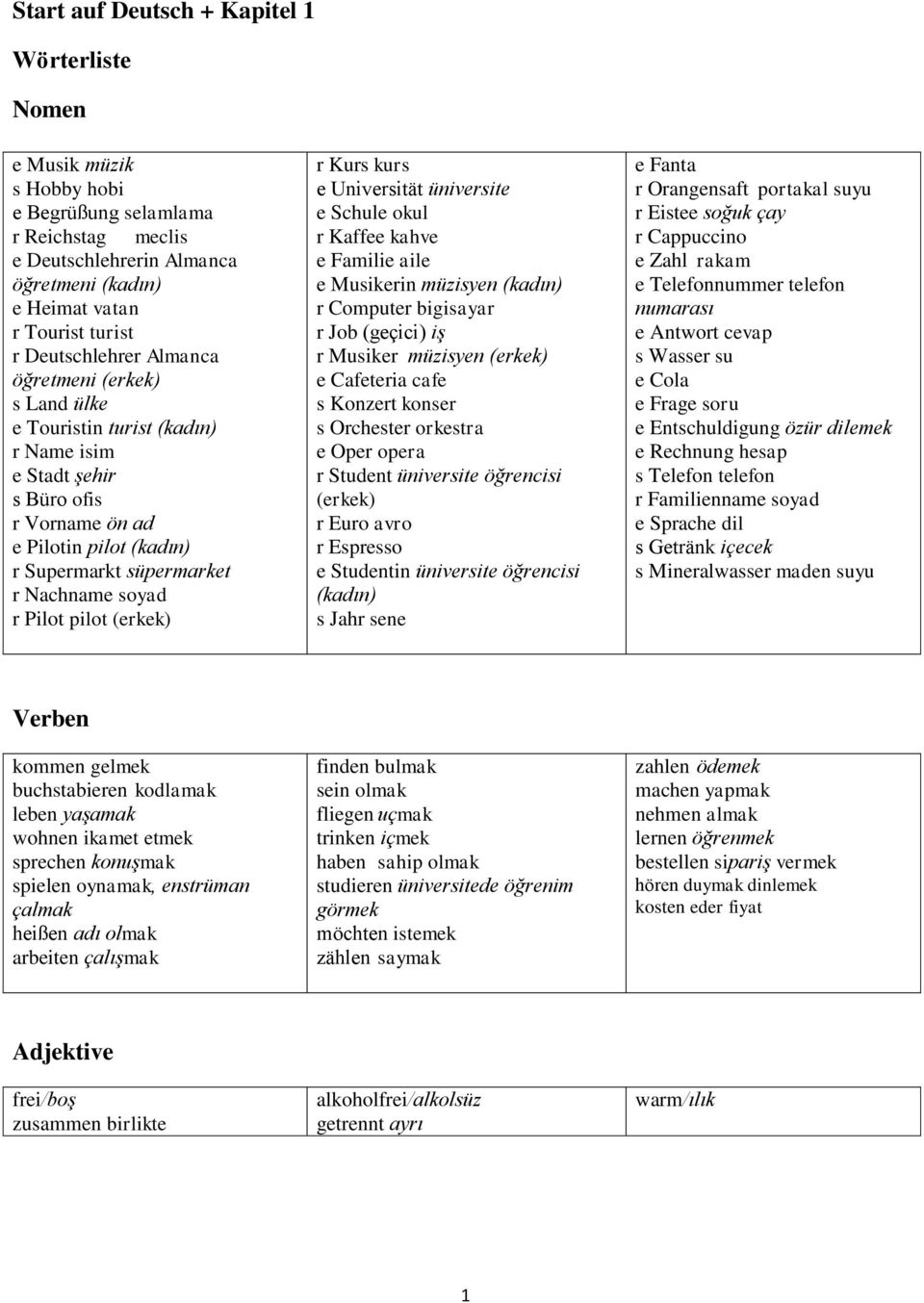 r Kurs kurs e Universität üniversite e Schule okul r Kaffee kahve e Familie aile e Musikerin müzisyen (kadın) r Computer bigisayar r Job (geçici) iş r Musiker müzisyen (erkek) e Cafeteria cafe s