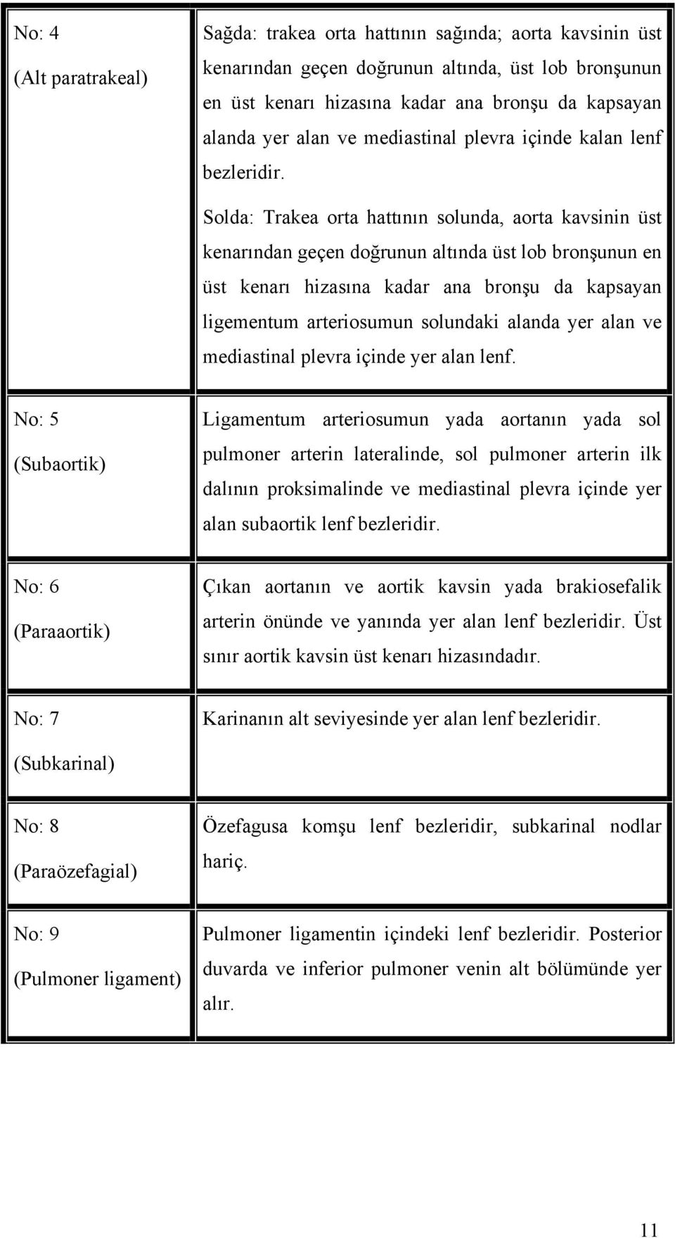 Solda: Trakea orta hattının solunda, aorta kavsinin üst kenarından geçen doğrunun altında üst lob bronşunun en üst kenarı hizasına kadar ana bronşu da kapsayan ligementum arteriosumun solundaki