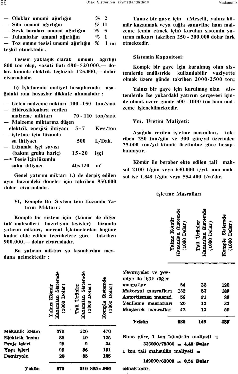 b) İşletmenin maliyet hesaplarında aşağıdaki ana hususlar dikkate alınmalıdır : Gelen malzeme miktarı 100-150 ton/saat Hidrosikloalara verilen malzeme miktarı 70-110 ton/saat Malzeme miktarına düşen