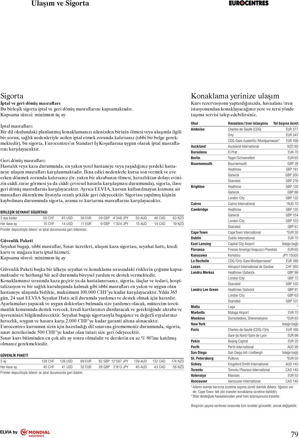 kalırsanız (tıbbi bir belge gerekmektedir), bu sigorta, Eurocentres ın Standart İş Koşullarına uygun olarak iptal masraflarını karşılayacaktır.