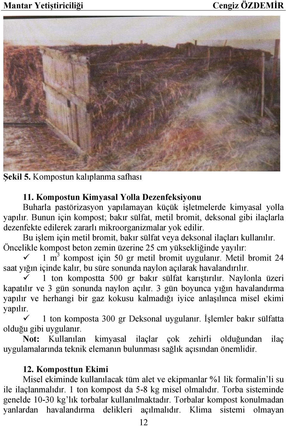 Bu işlem için metil bromit, bakır sülfat veya deksonal ilaçları kullanılır. Öncelikle kompost beton zemin üzerine 25 cm yüksekliğinde yayılır: 1 m 3 kompost için 50 gr metil bromit uygulanır.