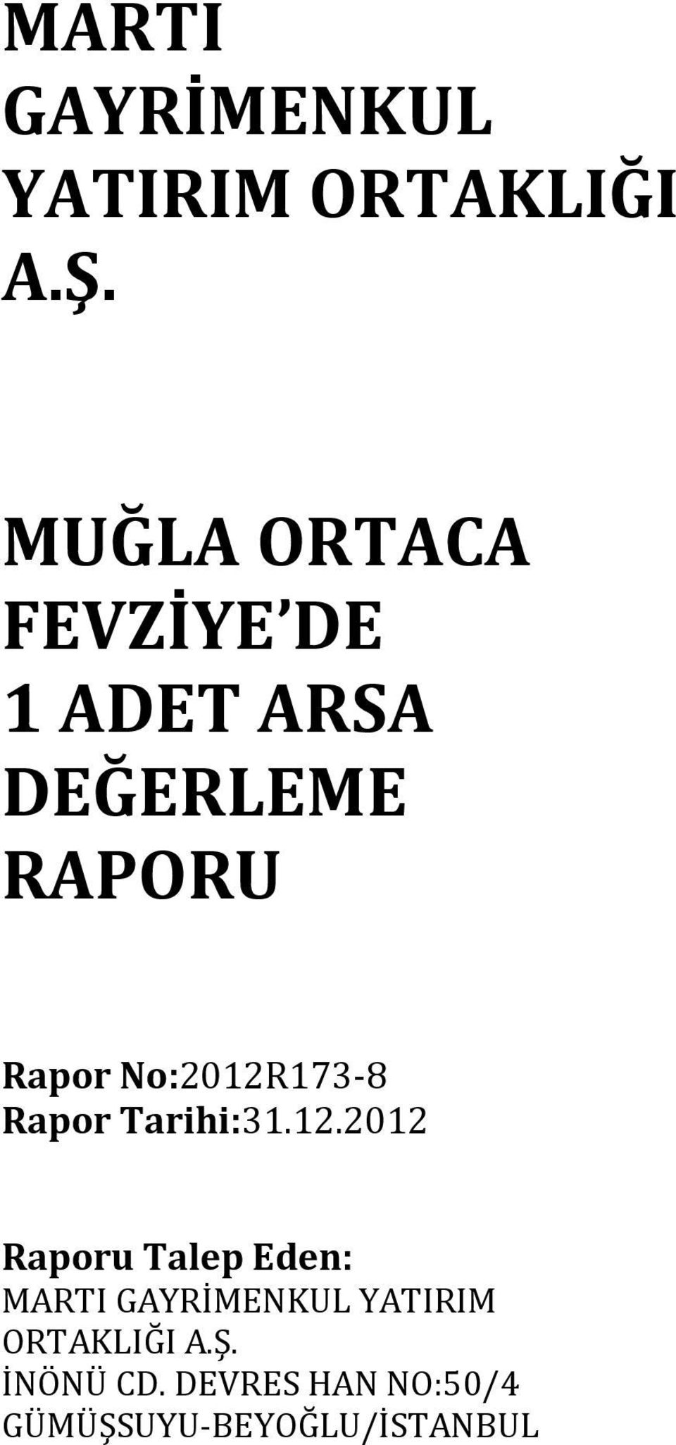 No:2012R173-8 Rapor Tarihi:31.12.2012 Raporu Talep Eden:  İNÖNÜ CD.