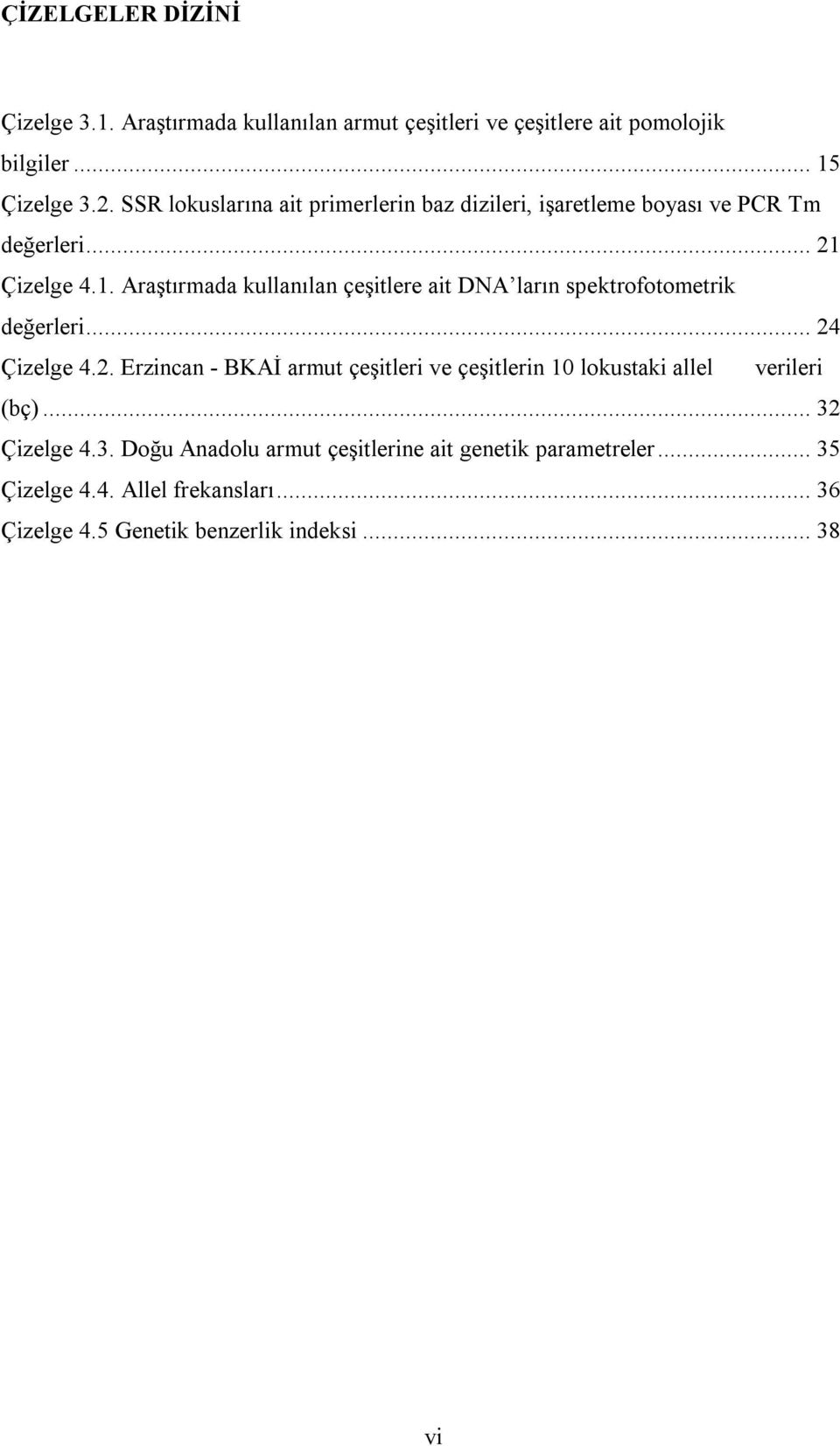 Çizelge 4.1. Araştırmada kullanılan çeşitlere ait DNA ların spektrofotometrik değerleri... 24