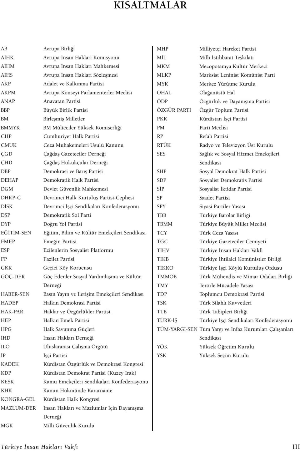 Parlamenterler Meclisi Anavatan Partisi Büyük Birlik Partisi Birleşmiş Milletler BM Mülteciler Yüksek Komiserliği Cumhuriyet Halk Partisi Ceza Muhakemeleri Usulü Kanunu Çağdaş Gazeteciler Derneği