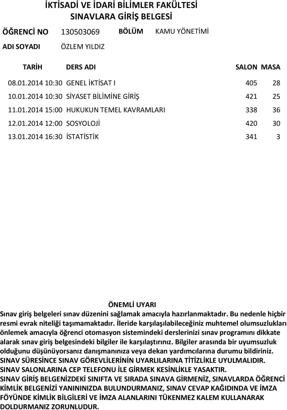 01.2014 15:00 HUKUKUN TEMEL KAVRAMLARI 338 36 12.01.2014 12:00 SOSYOLOJİ 420 30 13.