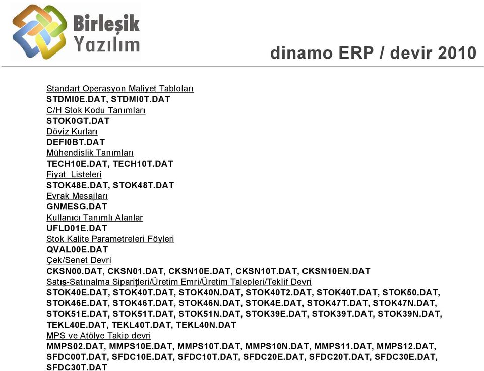 DAT Sat -Sat nalma Sipari leri/üretim Emri/Üretim Talepleri/Teklif Devri STOK40E.DAT, STOK40T.DAT, STOK40N.DAT, STOK40T2.DAT, STOK40T.DAT, STOK50.DAT, STOK46E.DAT, STOK46T.DAT, STOK46N.DAT, STOK4E.