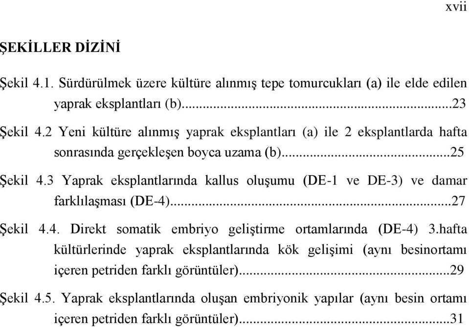 3 Yaprak eksplantlarında kallus oluşumu (DE-1 ve DE-3) ve damar farklılaşması (DE-4)...27 Şekil 4.4. Direkt somatik embriyo geliştirme ortamlarında (DE-4) 3.