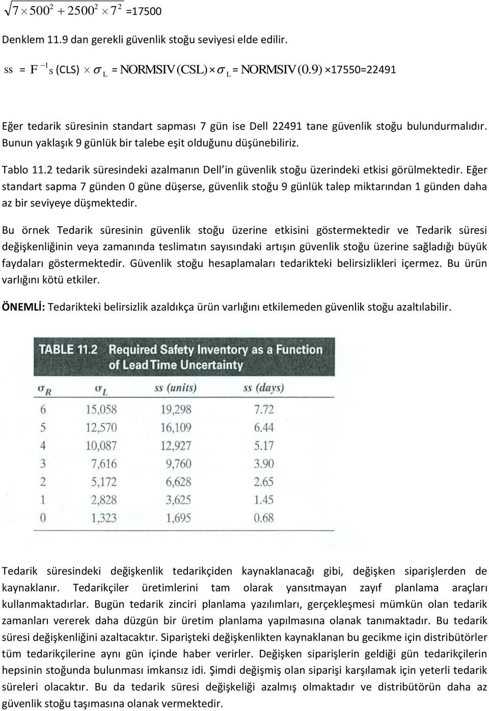 2 tedarik süresindeki azalmanın ell in güvenlik stoğu üzerindeki etkisi görülmektedir.