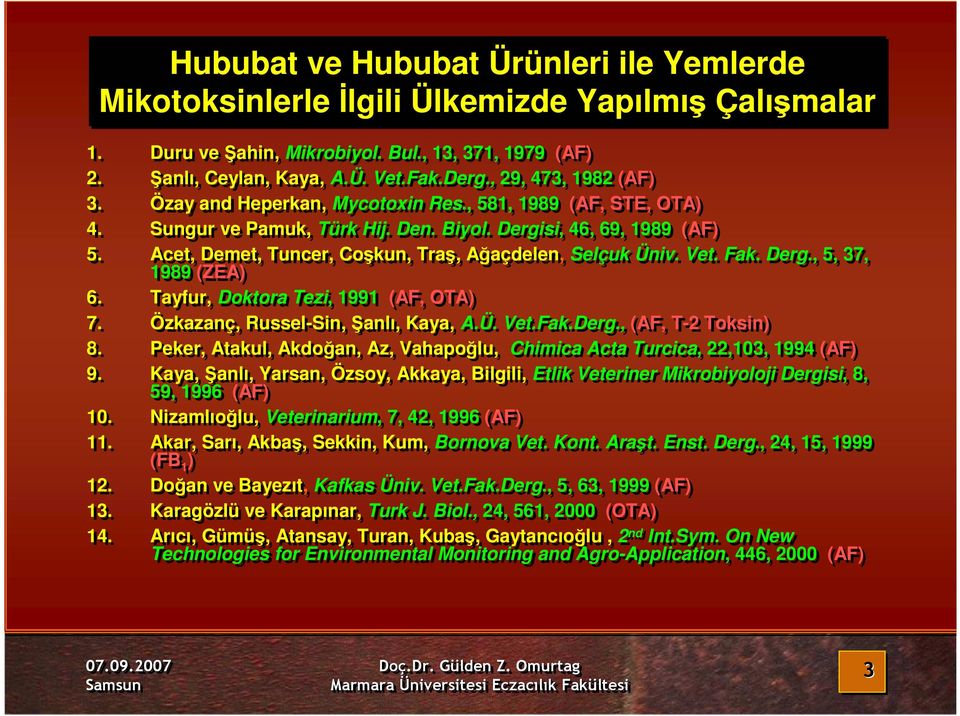 Acet, Demet, Tuncer, Coşkun, Traş, Ağaçdelen, Selçuk Üniv. Vet. Fak. Derg., 5, 37, 1989 (ZEA) 6. Tayfur, Doktora Tezi, 1991 (AF, OTA) 7. Özkazanç, Russel-Sin, Şanlı, Kaya, A.Ü. Vet.Fak.Derg., (AF, T-2 Toksin) 8.