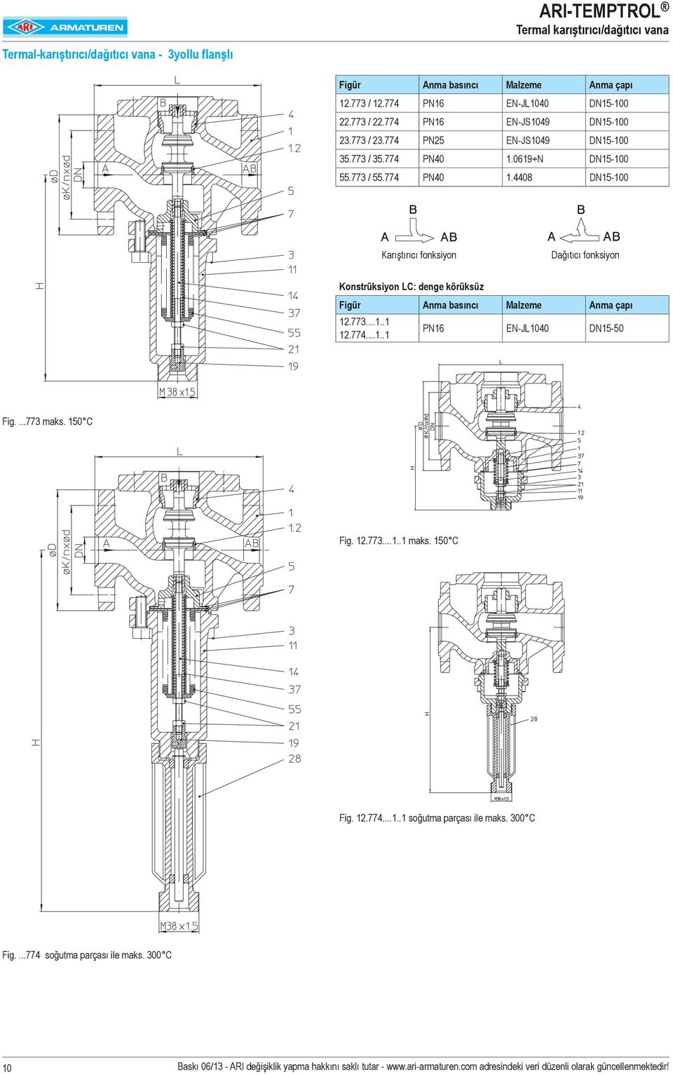 0619+N DN15-100 55.773 / 55.774 PN40 1.4408 DN15-100 Karıştırıcı fonksiyon Dağıtıcı fonksiyon Konstrüksiyon LC: denge körüksüz Figür Anma basıncı Malzeme Anma çapı 12.773...1..1 12.774...1..1 PN16 EN-JL1040 DN15-50 Fig.