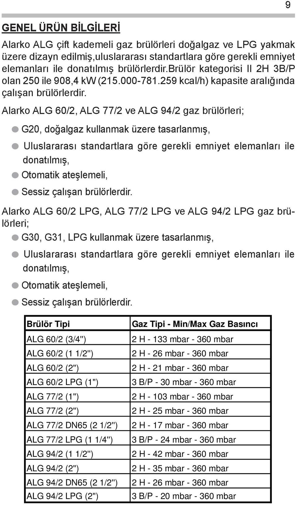Alarko ALG 60/2, ALG 77/2 ve ALG 94/2 gaz brülörleri; G20, doğalgaz kullanmak üzere tasarlanmış, Uluslararası standartlara göre gerekli emniyet elemanları ile donatılmış, Otomatik