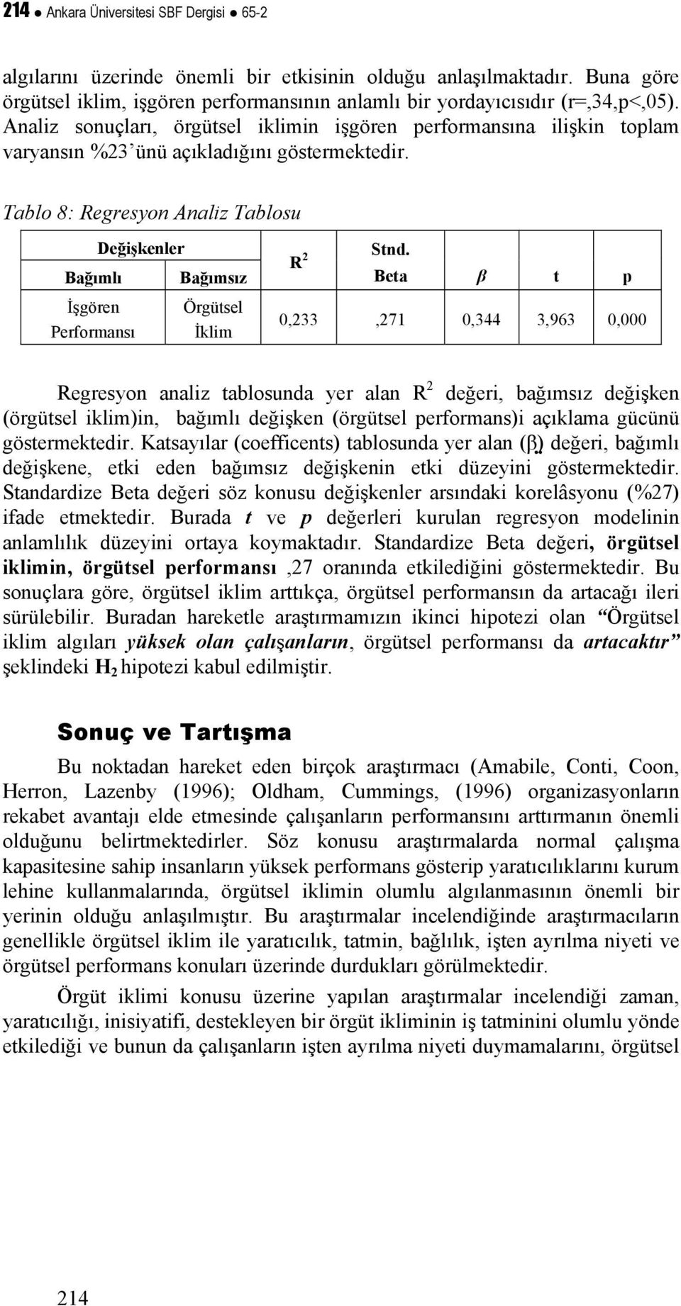 Tablo 8: Regresyon Analiz Tablosu Değişkenler Bağımlı İşgören Performansı Bağımsız Örgütsel İklim R 2 Stnd.