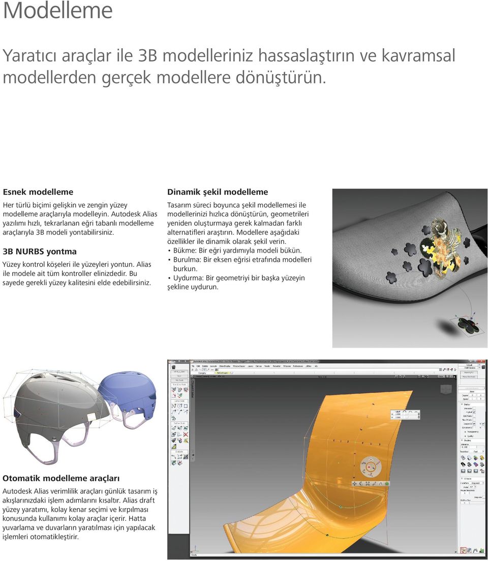 3B NURBS yontma Yüzey kontrol köşeleri ile yüzeyleri yontun. Alias ile modele ait tüm kontroller elinizdedir. Bu sayede gerekli yüzey kalitesini elde edebilirsiniz.