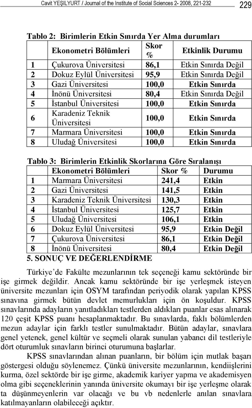 100,0 Etkin Sınırda 8 Uludağ 100,0 Etkin Sınırda Tablo 3: Birimlerin Etkinlik Skorlarına Göre Sıralanışı Ekonometri Bölümleri Skor % Durumu 1 Marmara 241,4 Etkin 2 Gazi 141,5 Etkin 3 Karadeniz Teknik