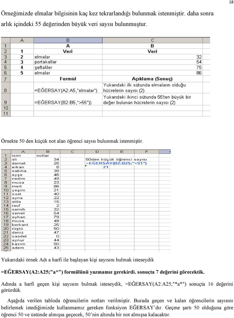 Yukarıdaki örnek Adı a harfi ile baģlayan kiģi sayısını bulmak isteseydik =EĞERSAY(A2:A25;"a*") formülünü yazmamız gerekirdi. sonuçta 7 değerini görecektik.