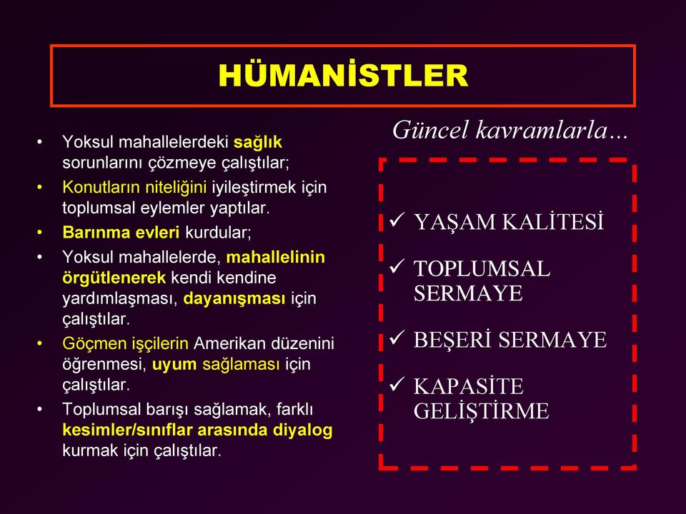 Barınma evleri kurdular; Yoksul mahallelerde, mahallelinin örgütlenerek kendi kendine yardımlaşması, dayanışması için çalıştılar.