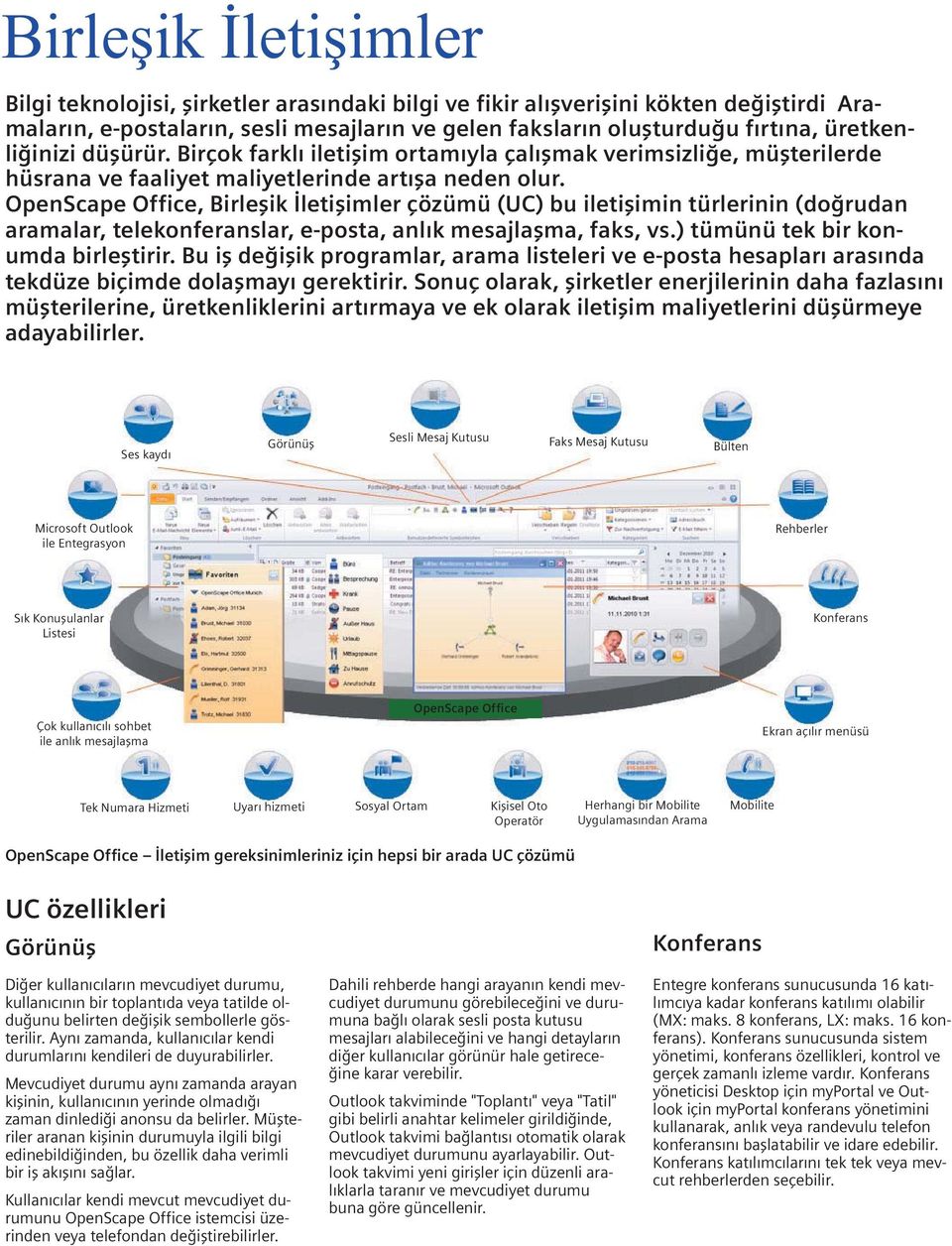 OpenScape Office, Birleşik İletişimler çözümü (UC) bu iletişimin türlerinin (doğrudan aramalar, telekonferanslar, e-posta, anlık mesajlaşma, faks, vs.) tümünü tek bir konumda birleştirir.