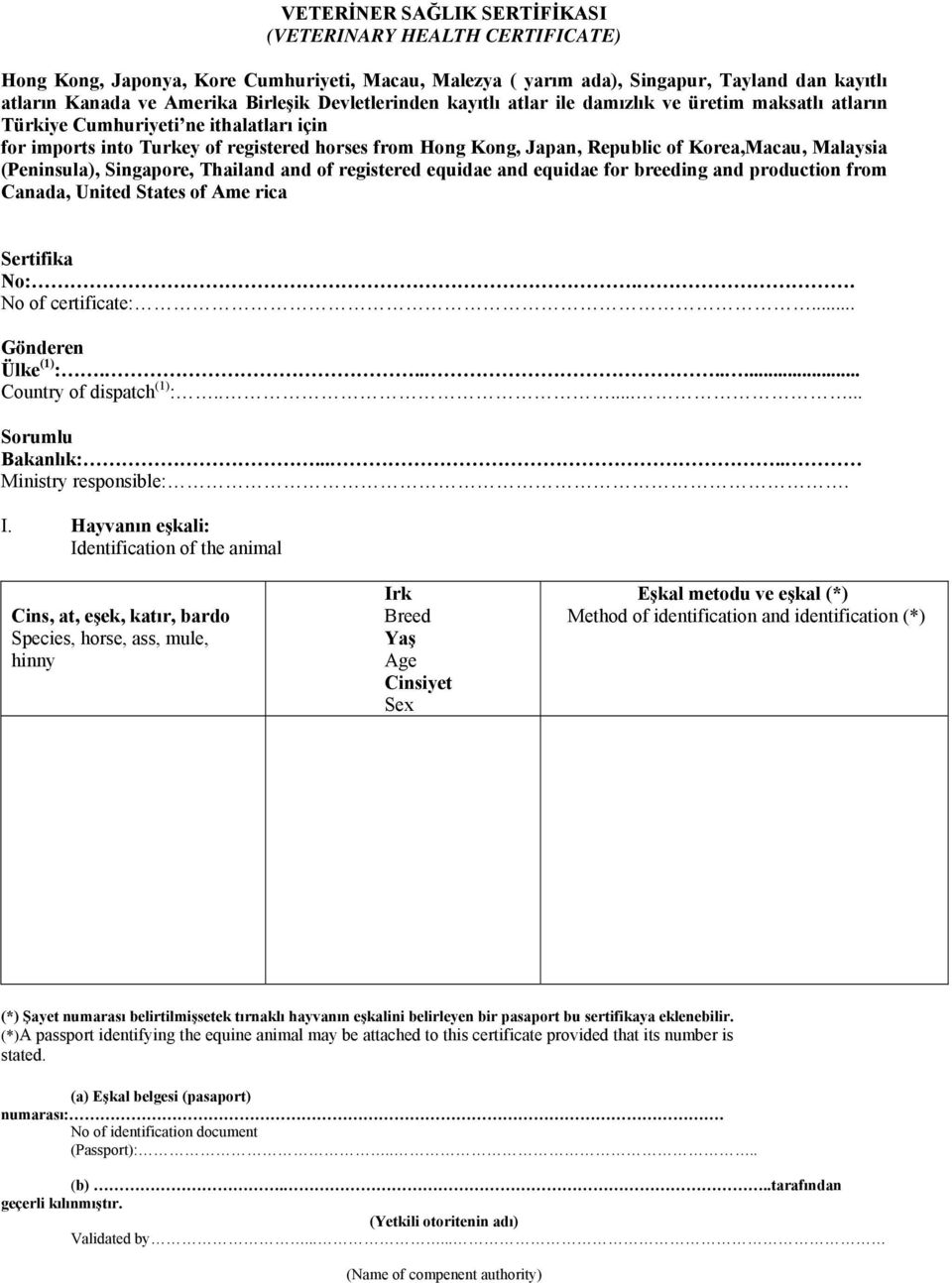 Malaysia (Peninsula), Singape, Thailand and of registered equidae and equidae f breeding and production from Canada, United States of Ame rica Sertifika No:.. No of certificate:... Gönderen Ülke (1) :.