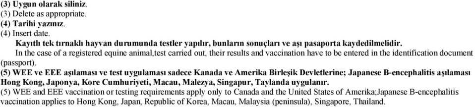 (5) WEE ve EEE aşılaması ve test uygulaması sadece Kanada ve Amerika Birleşik Devletlerine; Japanese B-encephalitis aşılaması Hong Kong, Japonya, Ke Cumhuriyeti, Macau, Malezya, Singapur, Taylanda